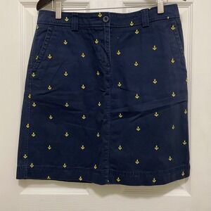 LL Bean Knee Length Skirt Navy Blue Anchor Sz 12 Nautical Coastal Sailing Cotton